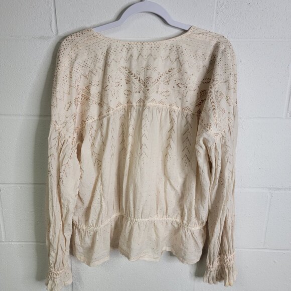 Free People Top Cream Gold Blouse Boho Counting Stars Peasant Raw Hem Large - Picture 3 of 9